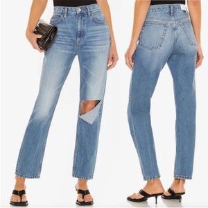 Re/Done- Mid Wash Originals 70s Straight Jeans in Daring Indigo Rip Size 26